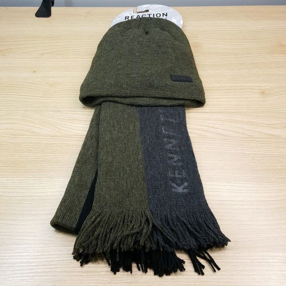 KENNETH COLE REACTION Mens Beanie Hat Scarf Green Stripe Knit Plush Lined Set